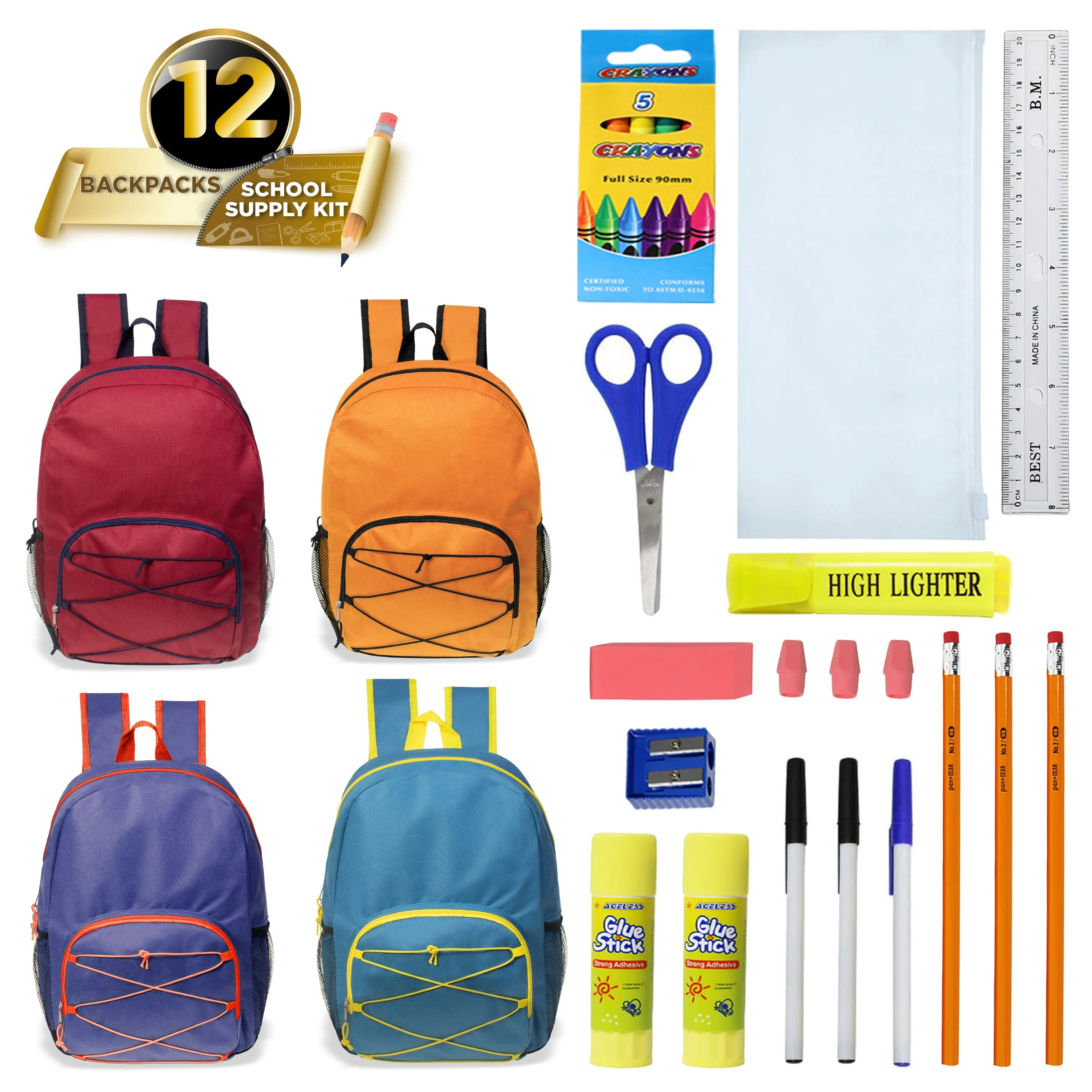 12 Wholesale 17" Bungee Backpacks in Assorted Colors with 12 School Supply Kits of Your Choice