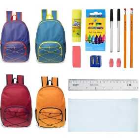 12 Wholesale 17" Bungee Backpacks in Assorted Colors with 12 School Supply Kits of Your Choice