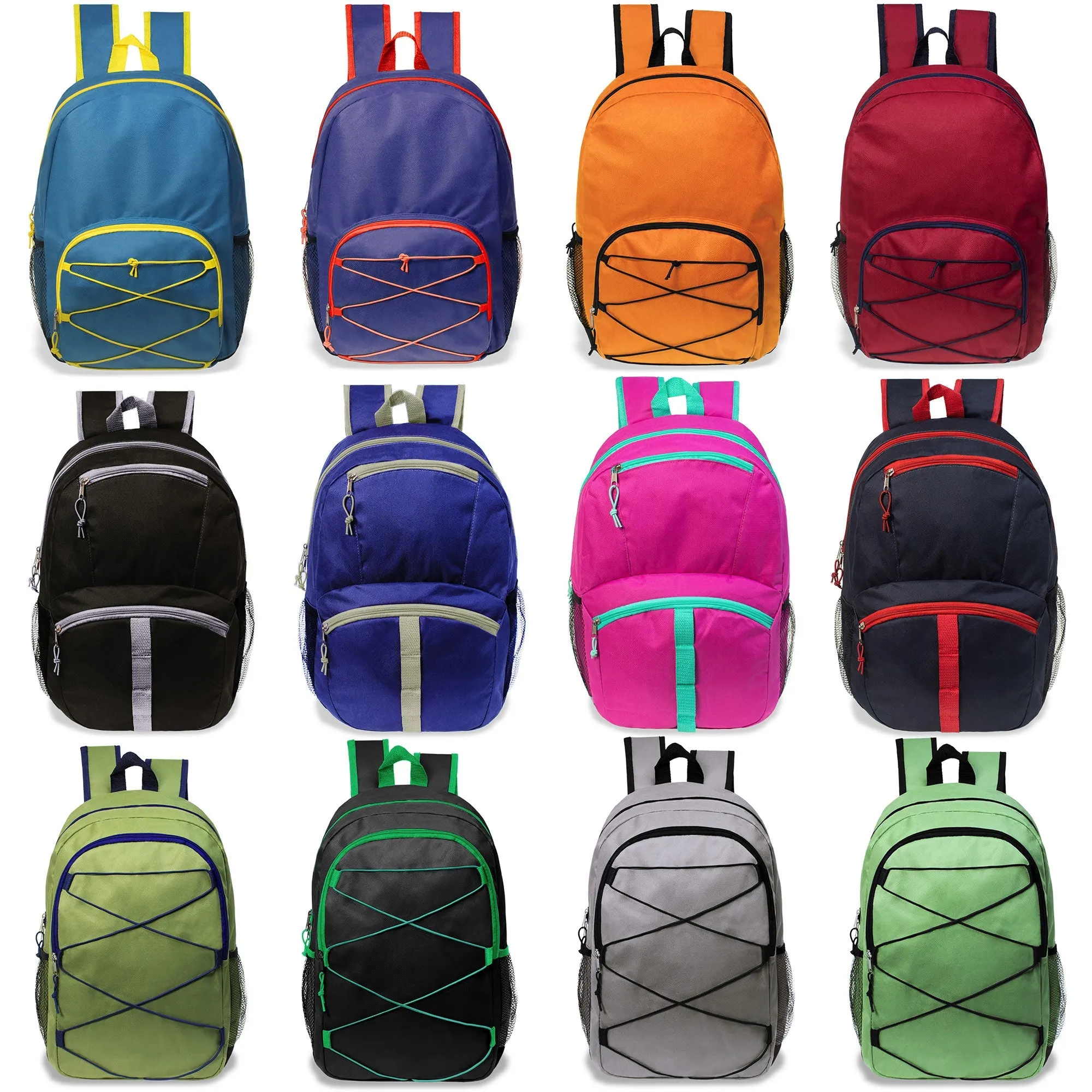 12 Wholesale 17" Bungee Backpacks in Assorted Colors with 12 School Supply Kits of Your Choice