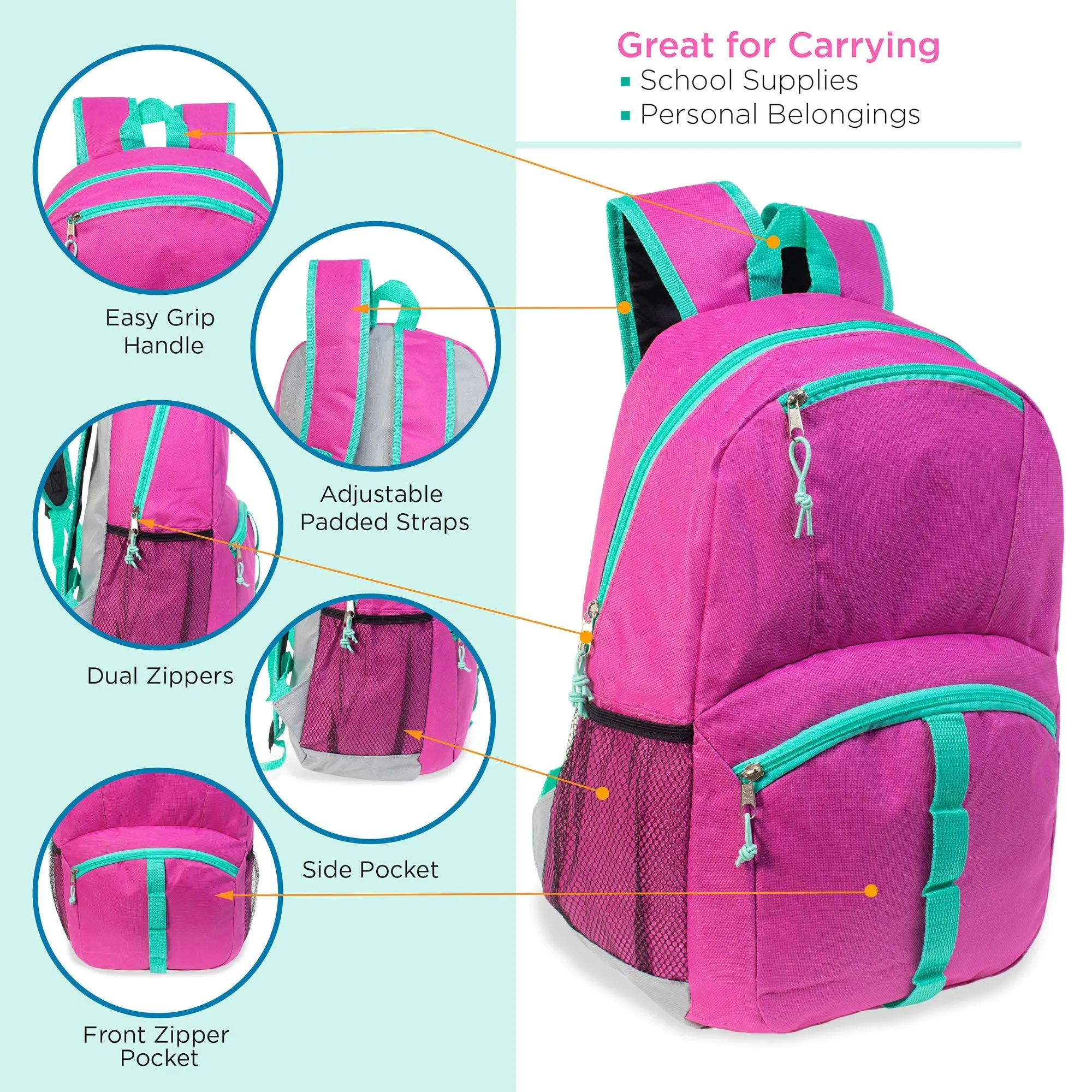 12 Wholesale 17" Bungee Backpacks in Assorted Colors with 12 School Supply Kits of Your Choice