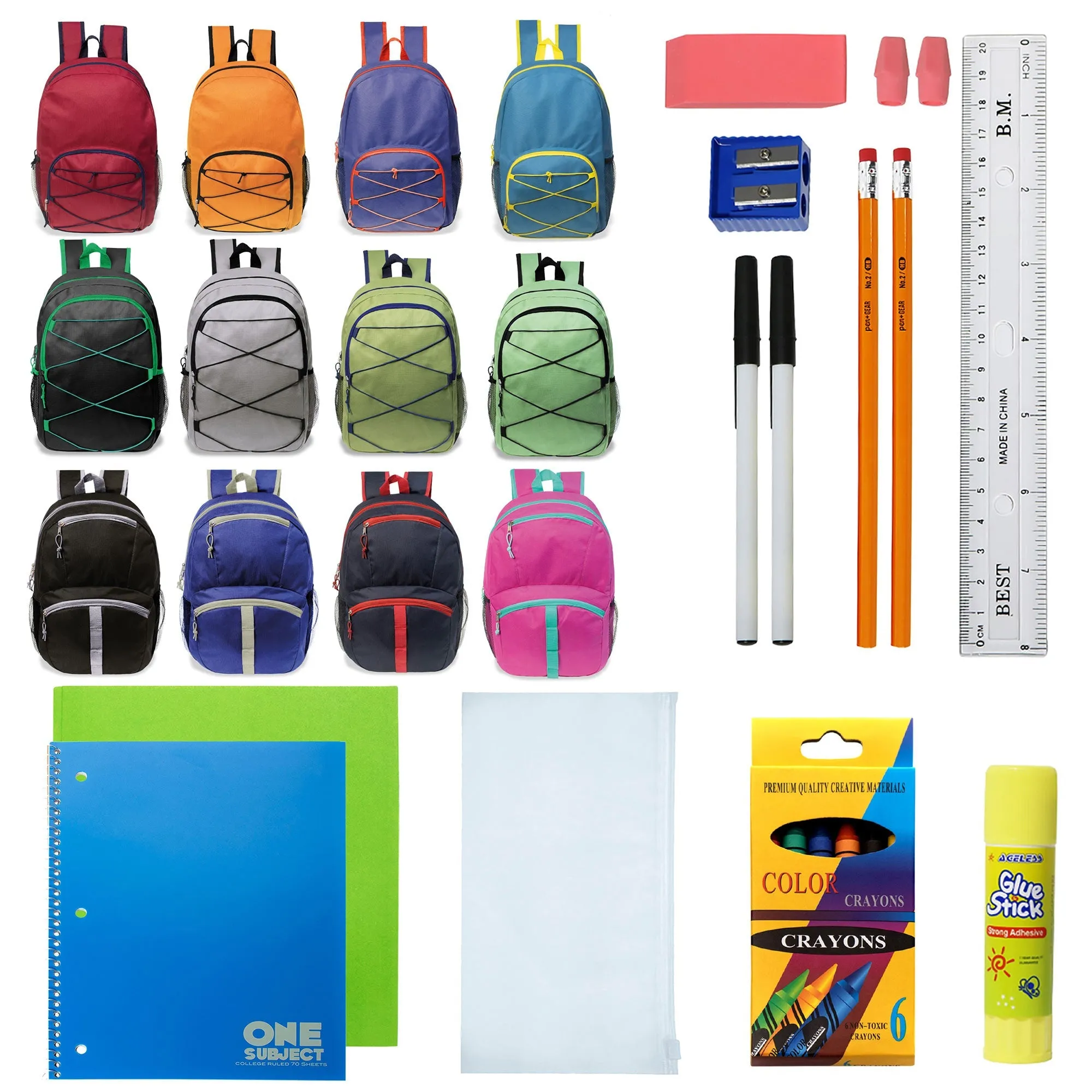 12 Wholesale 17" Bungee Backpacks in Assorted Colors with 12 School Supply Kits of Your Choice