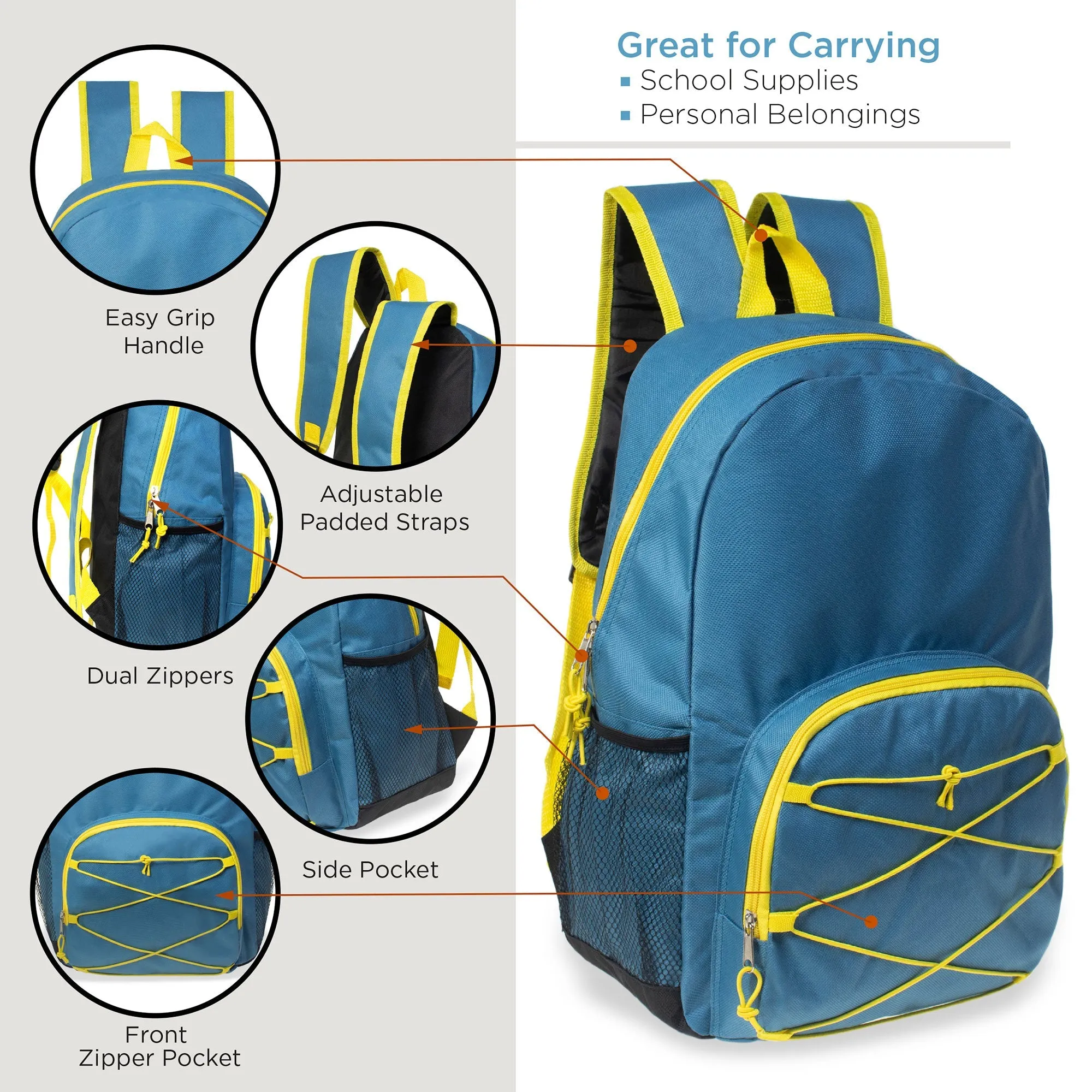 12 Wholesale 17" Bungee Backpacks in Assorted Colors with 12 School Supply Kits of Your Choice