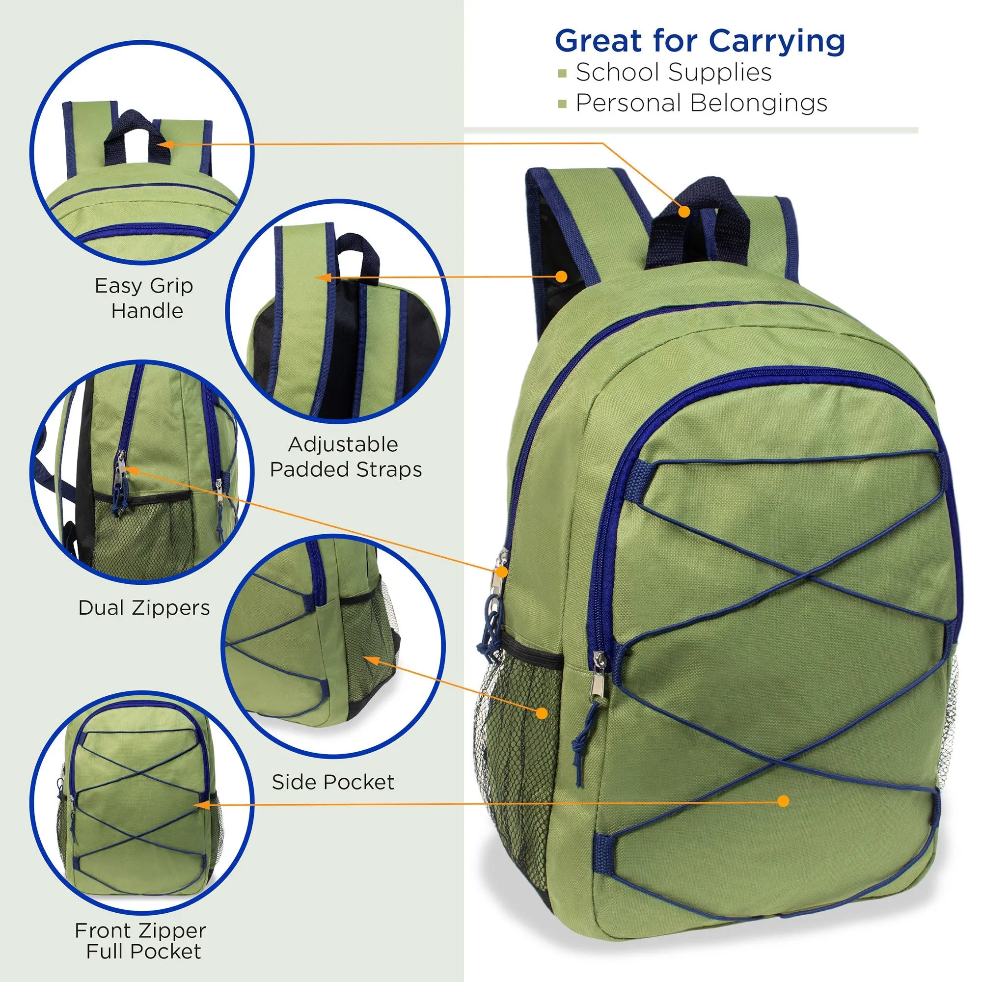 12 Wholesale 17" Bungee Backpacks in Assorted Colors with 12 School Supply Kits of Your Choice