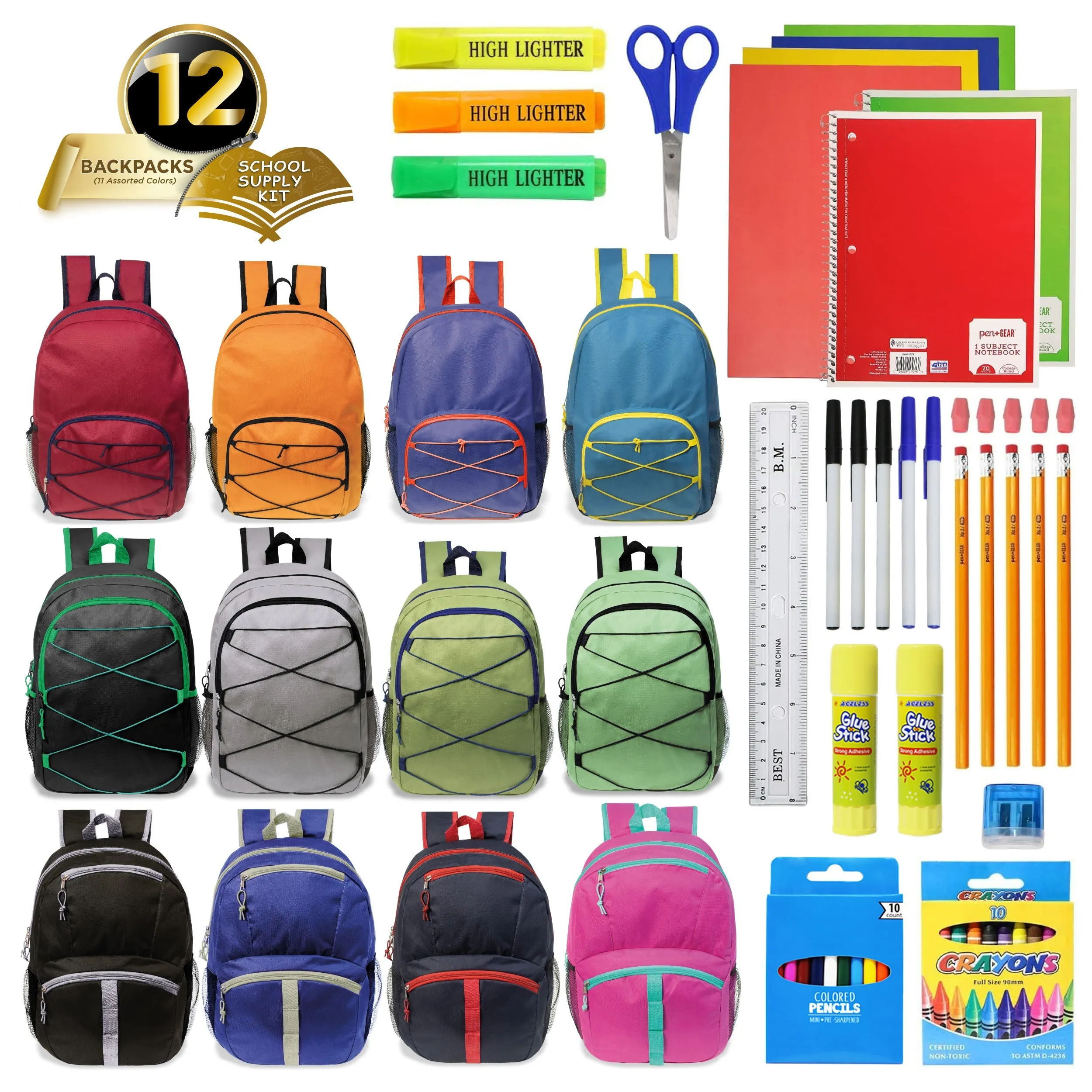 12 Wholesale 17" Bungee Backpacks in Assorted Colors with 12 School Supply Kits of Your Choice