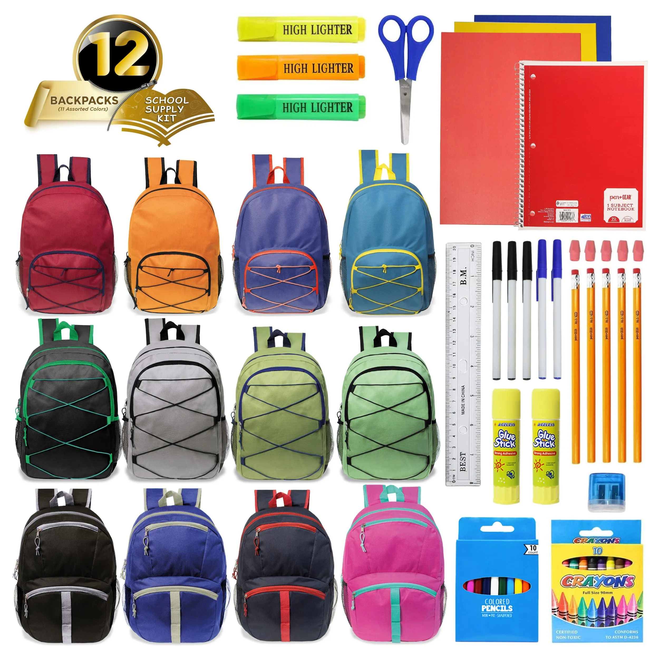 12 Wholesale 17" Bungee Backpacks in Assorted Colors with 12 School Supply Kits of Your Choice