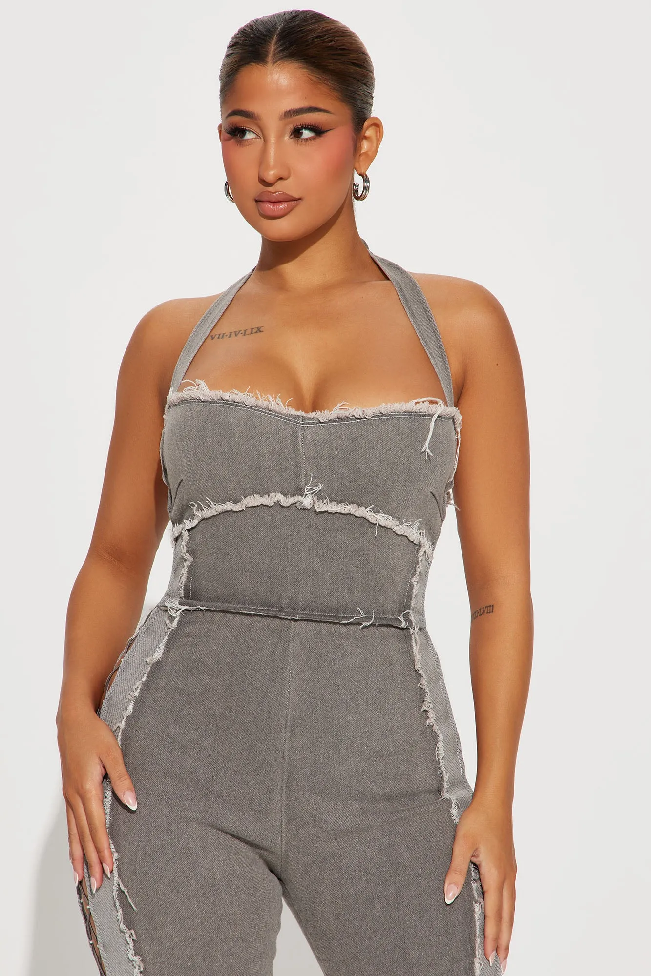 A Bit Flirty Denim Jumpsuit - Charcoal