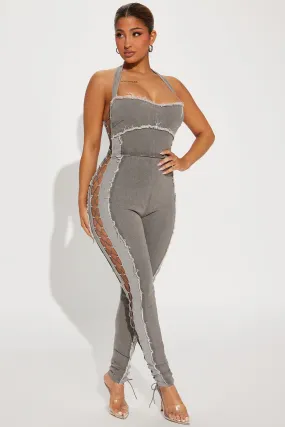 A Bit Flirty Denim Jumpsuit - Charcoal