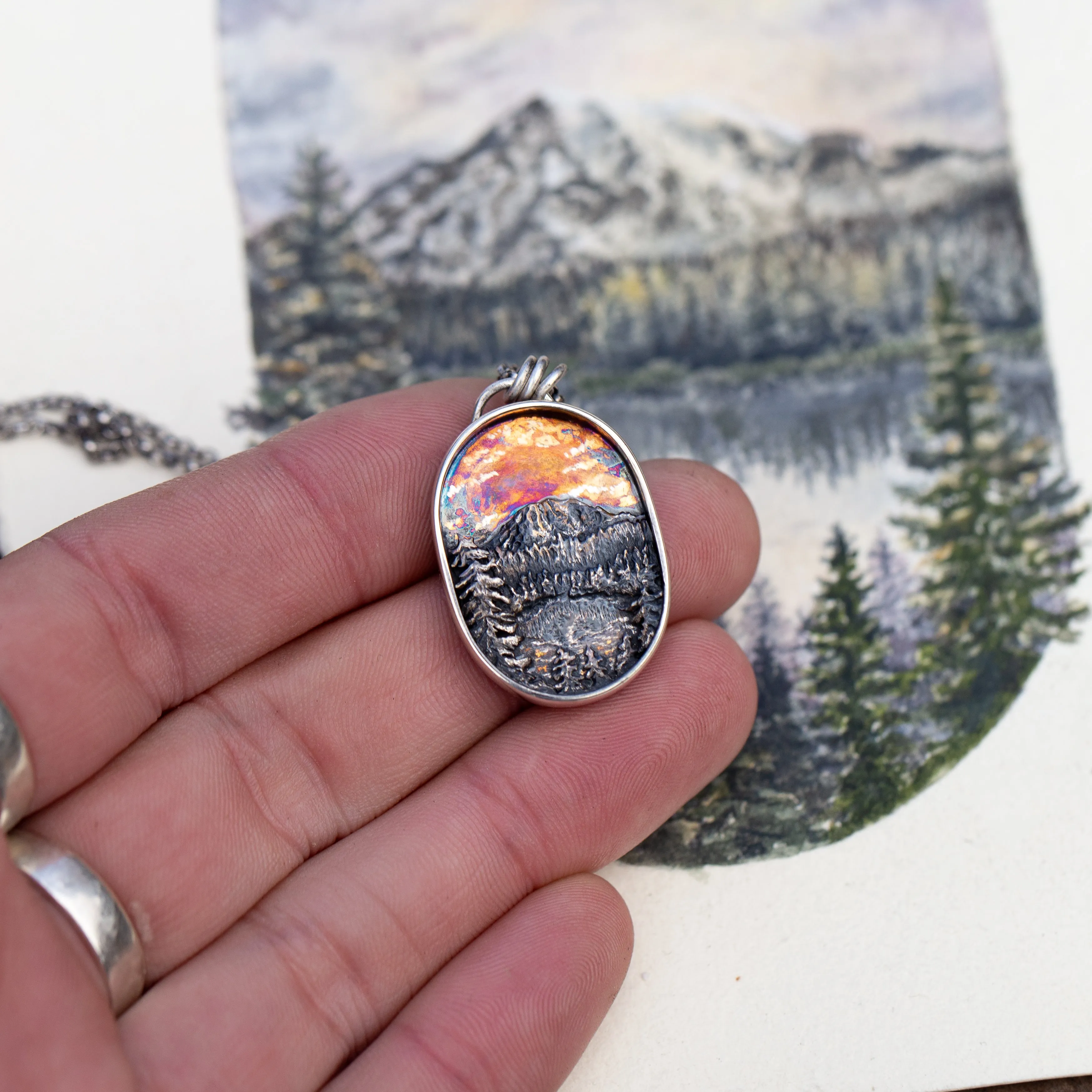 Abundance I- Mt. Rainer Sterling Silver and 24k Gold Sunset Pendant