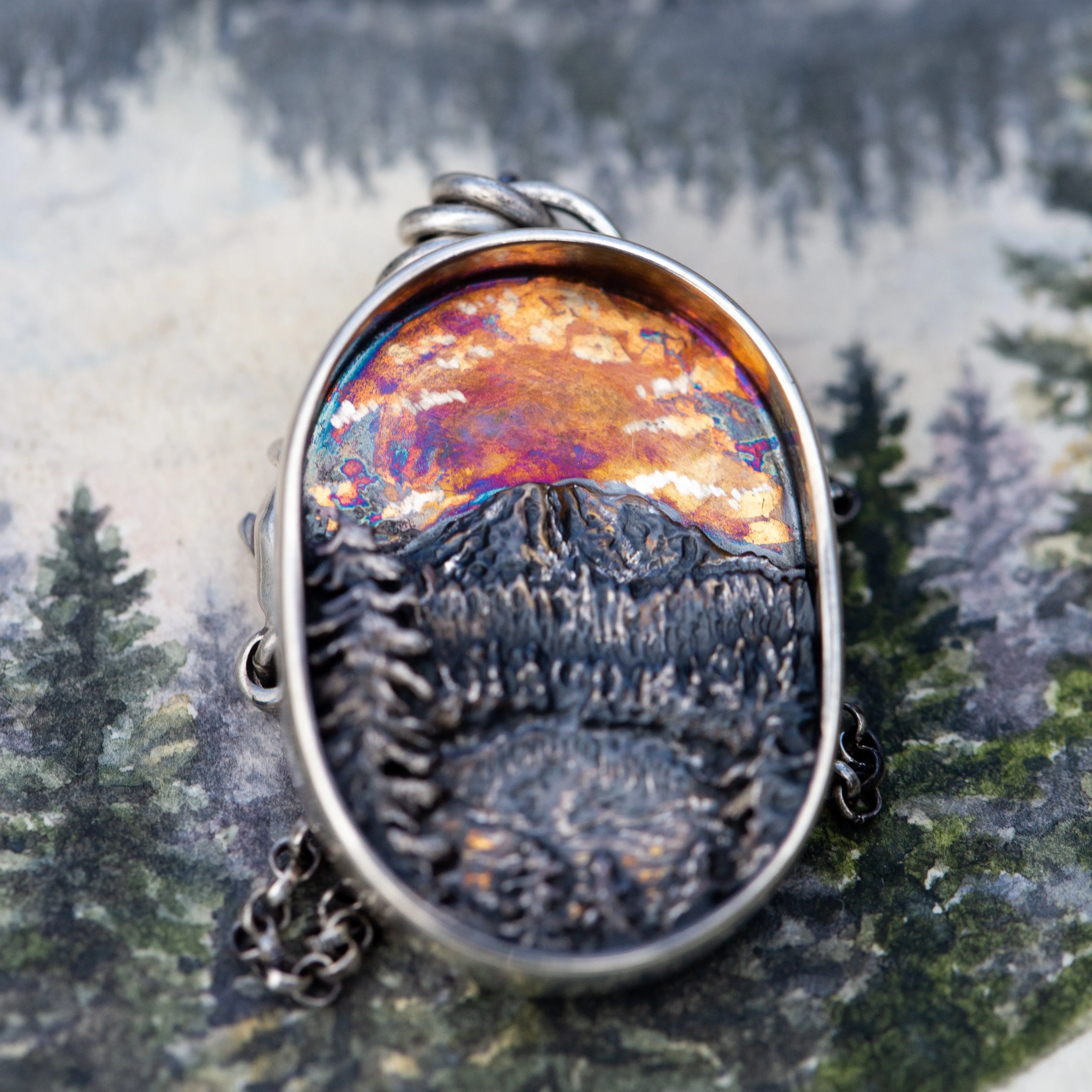 Abundance I- Mt. Rainer Sterling Silver and 24k Gold Sunset Pendant