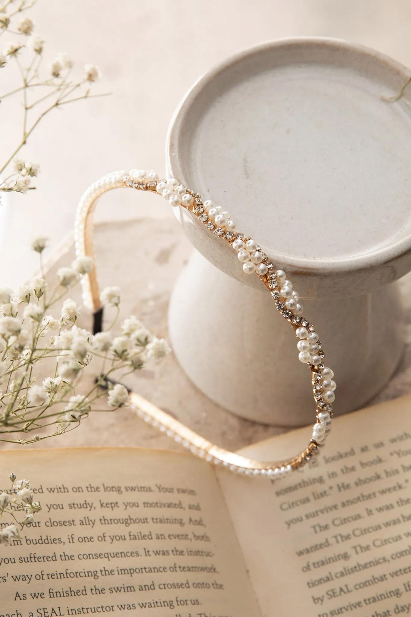 Adelina Pearl & Diamante Thin Headband White