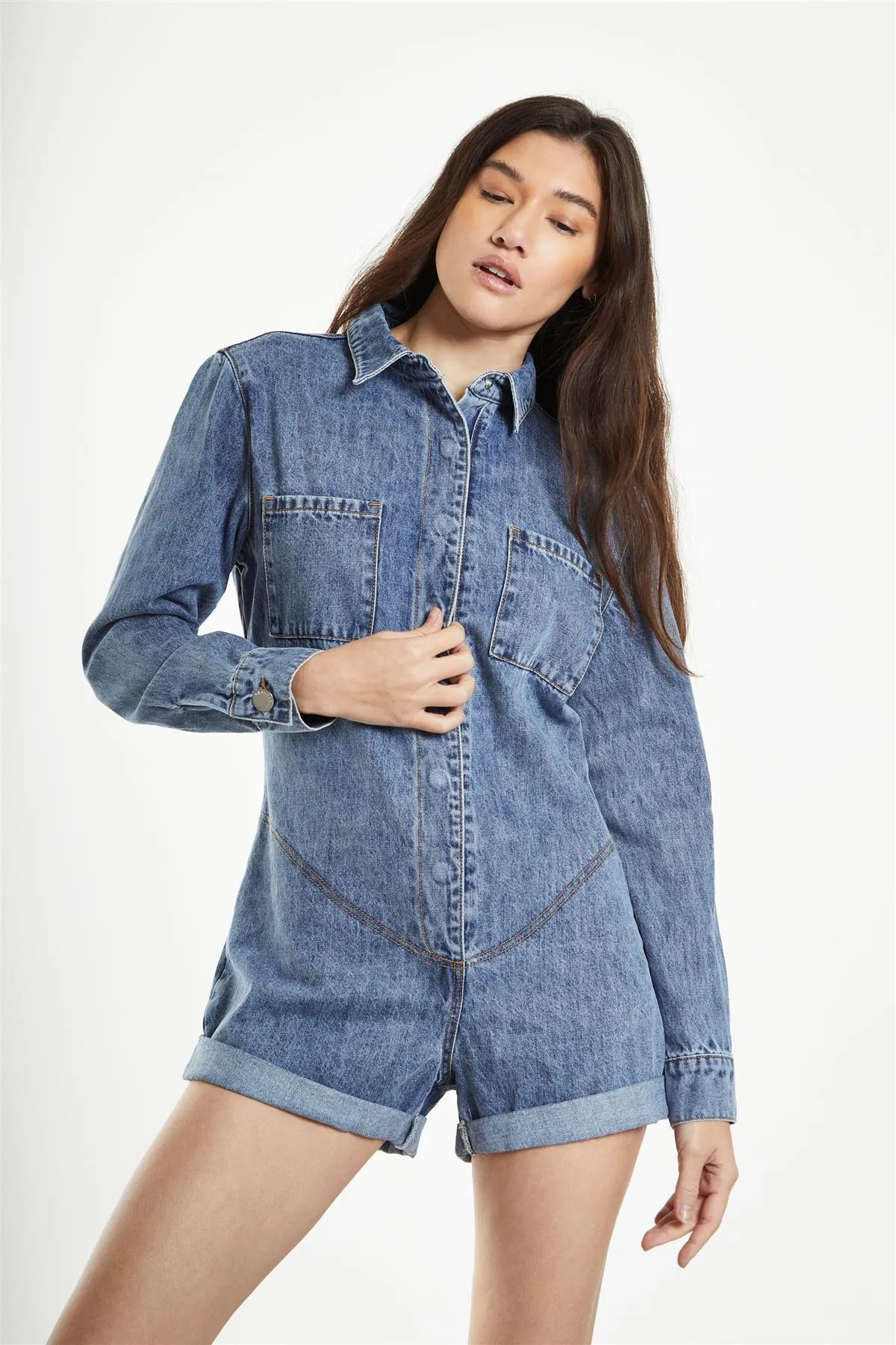 Antique-Treatment Wash Boiler Denim-Playsuit