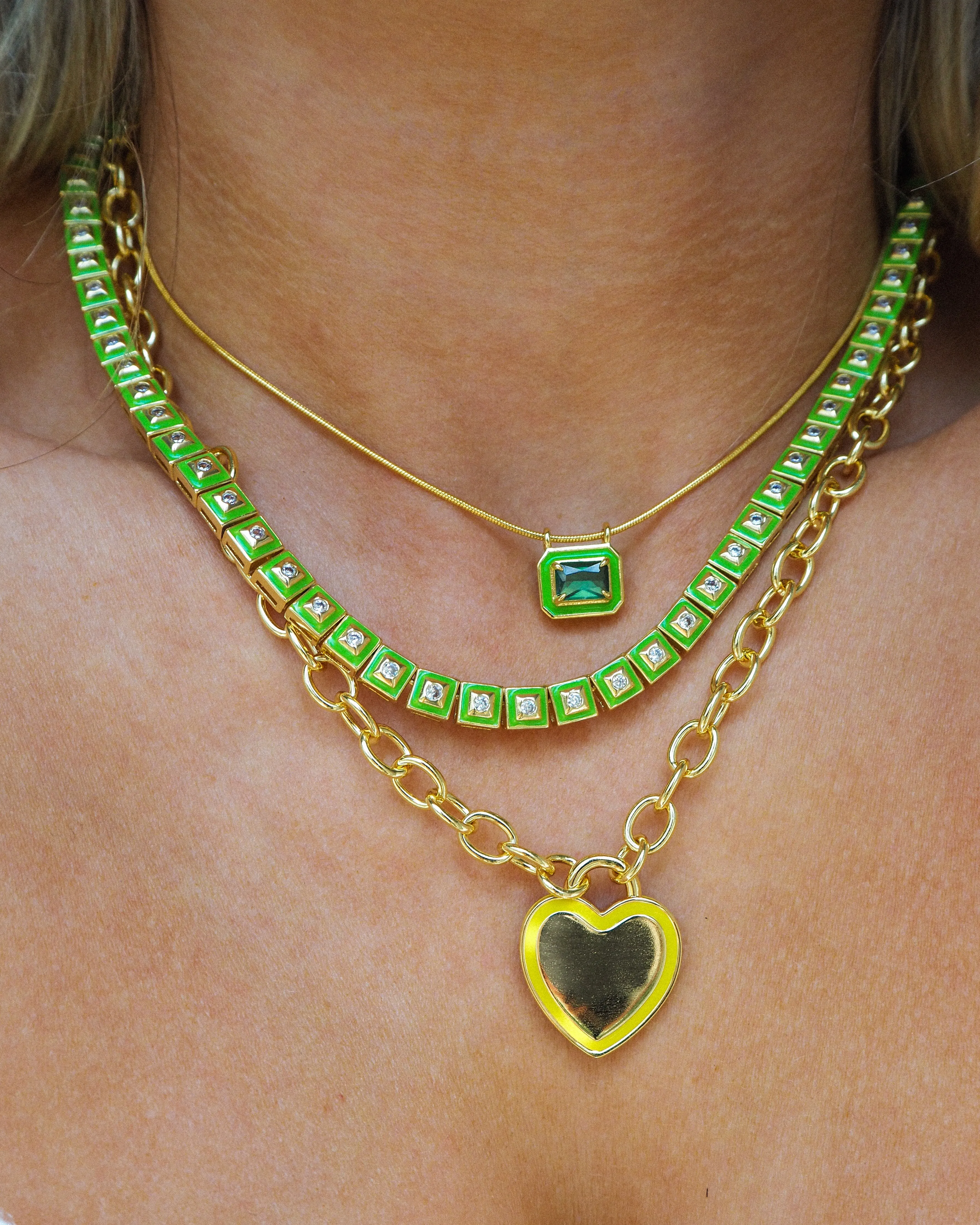 Bezel Pendant Necklace- Bright Green- Gold