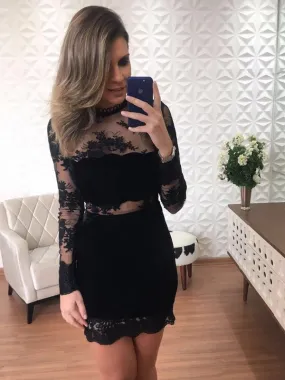 Black Lace Sheath Long Sleeve See Through Homecoming Dresses,BD0183