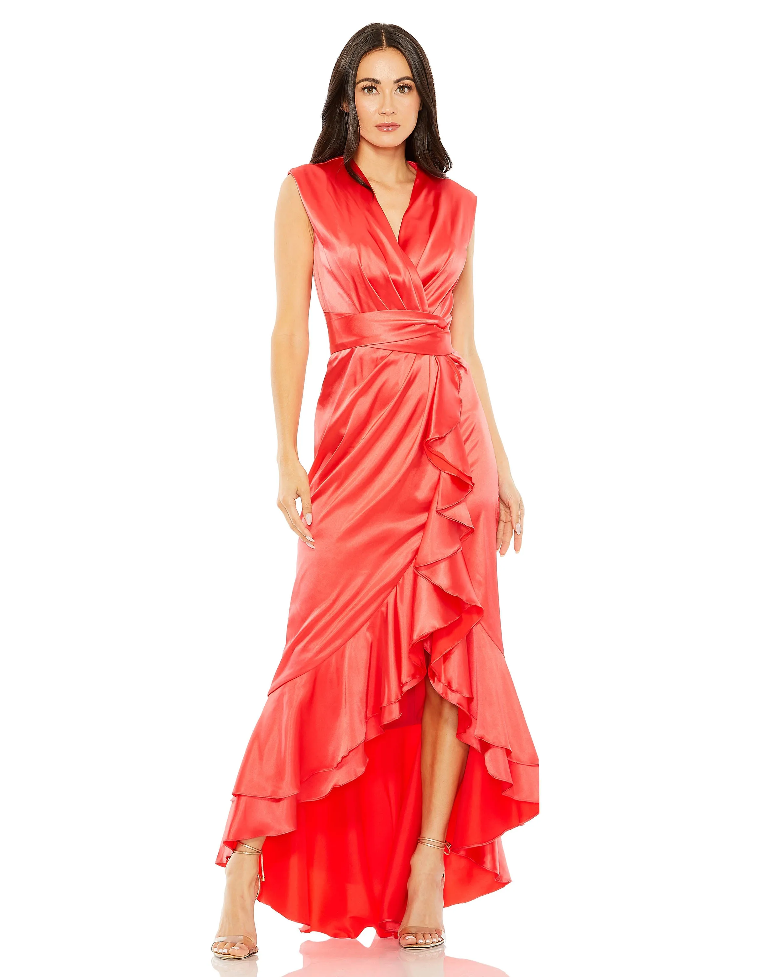 Cap Sleeve V Neck Satin High Low Gown | Sample | Sz. 2