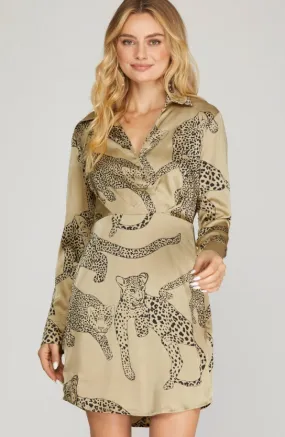 Cheetah Print Satin Long Sleeve Dress - Final Sale 50% off