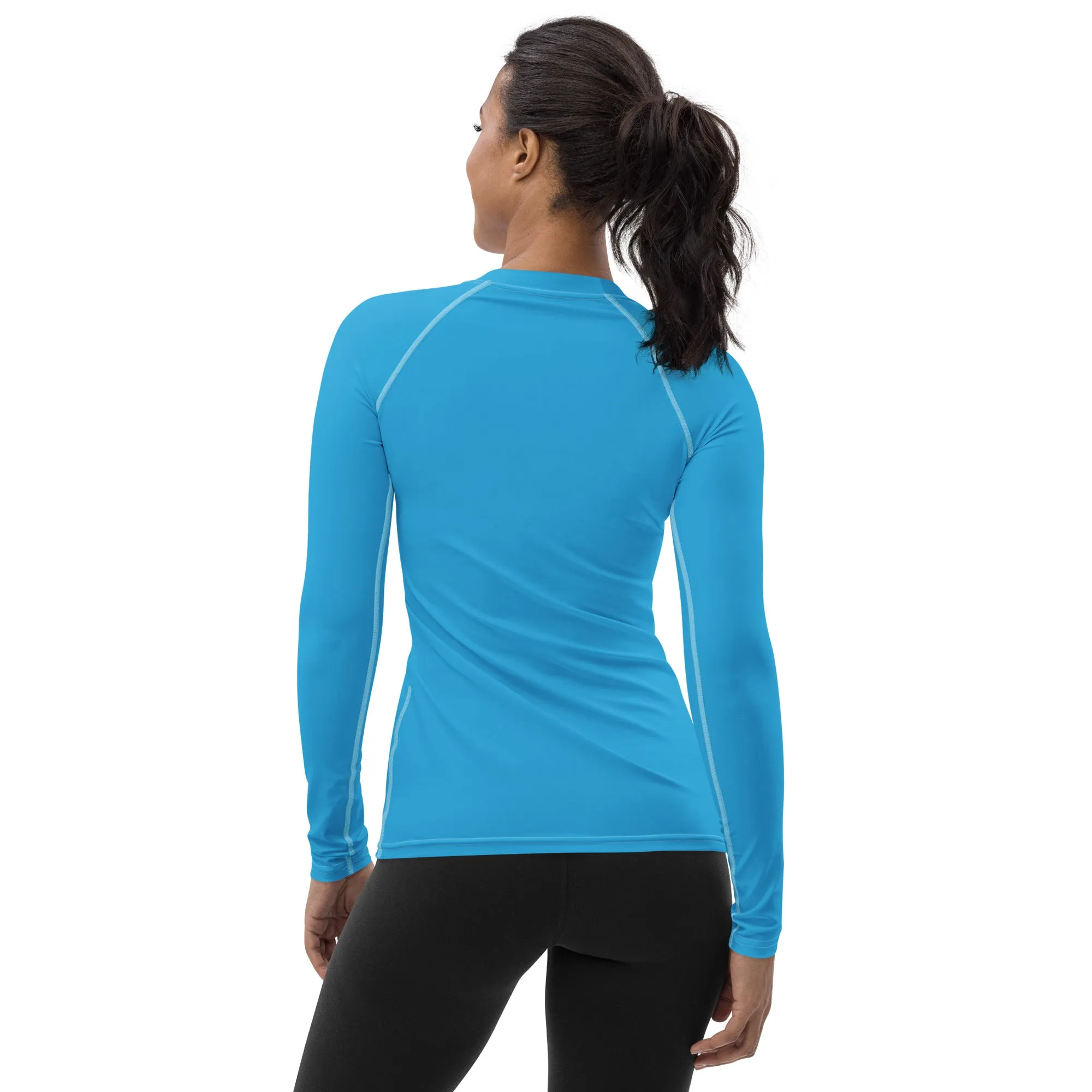 Chic Simplicity: Solid Color Long Sleeve Rash Guard for Women - Cyan