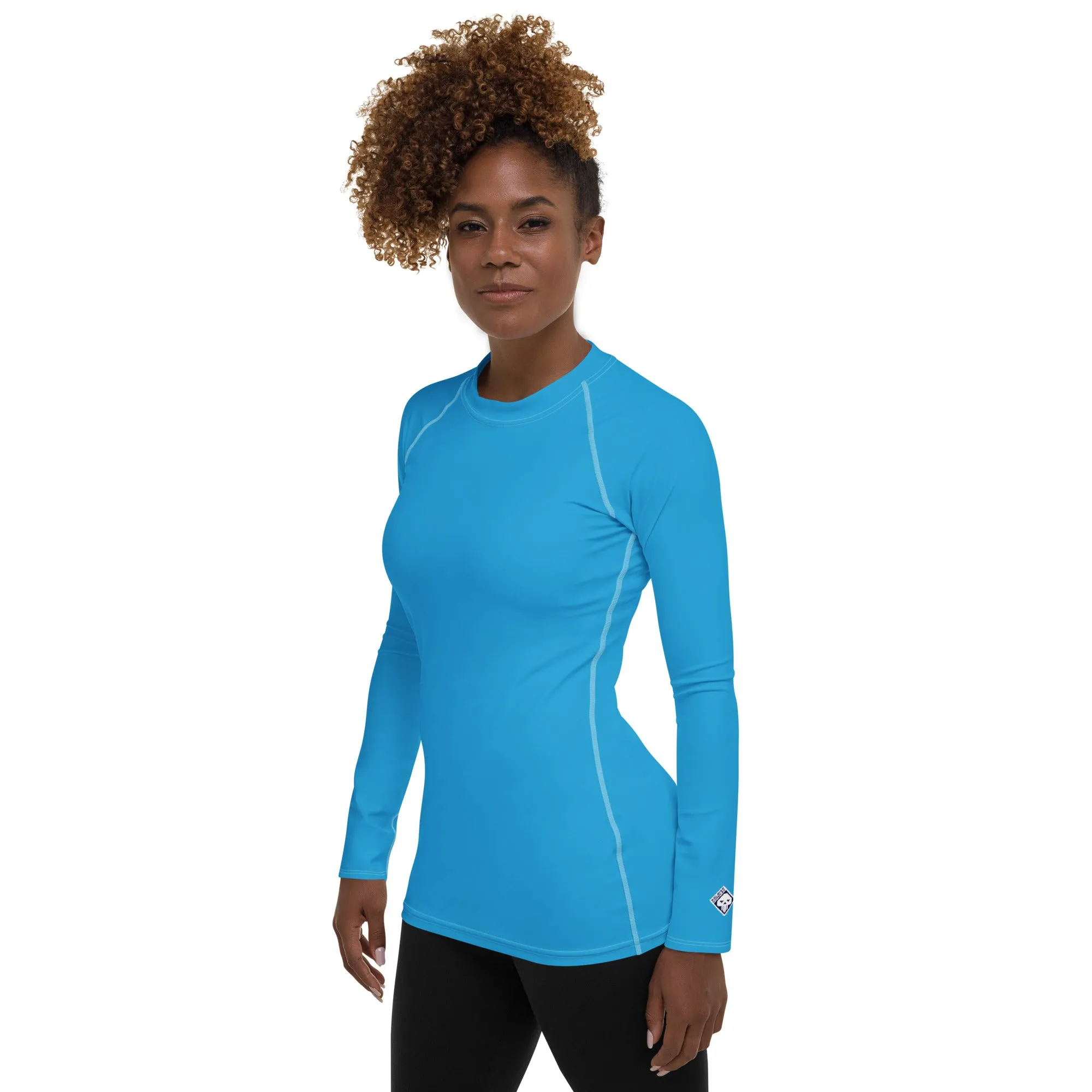 Chic Simplicity: Solid Color Long Sleeve Rash Guard for Women - Cyan