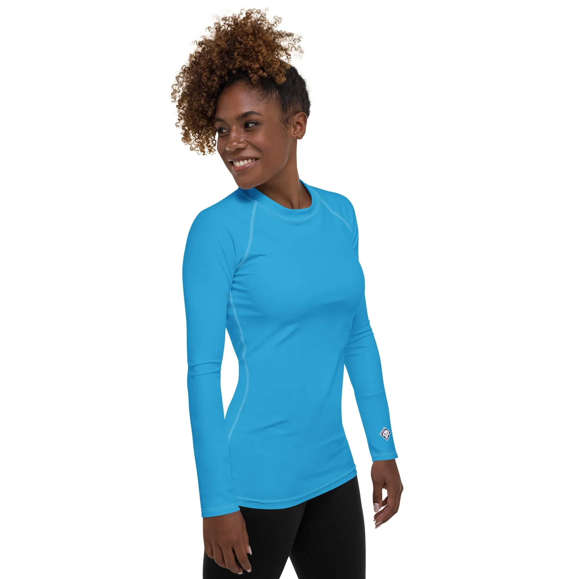 Chic Simplicity: Solid Color Long Sleeve Rash Guard for Women - Cyan