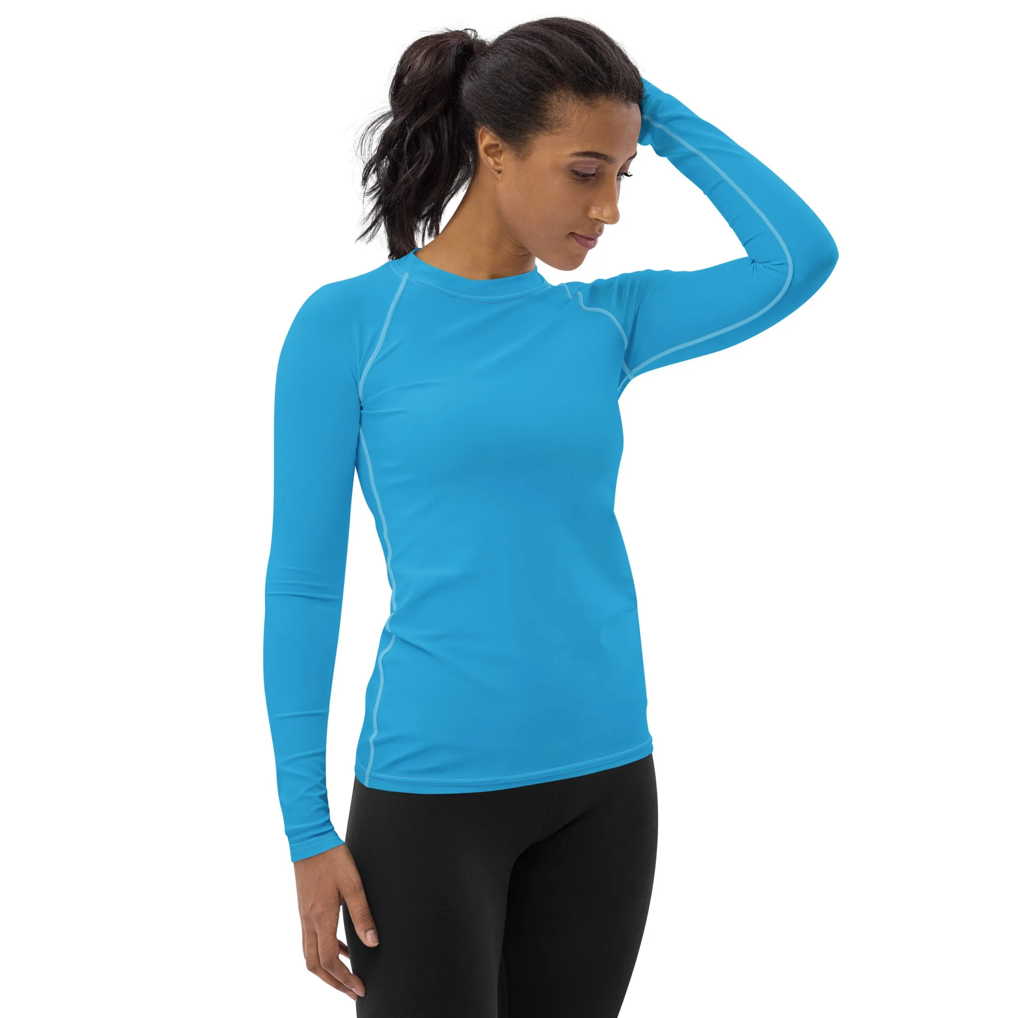 Chic Simplicity: Solid Color Long Sleeve Rash Guard for Women - Cyan