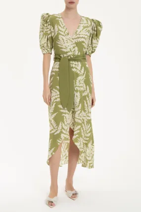 Classic Foliage Silk Midi Dress With Sash