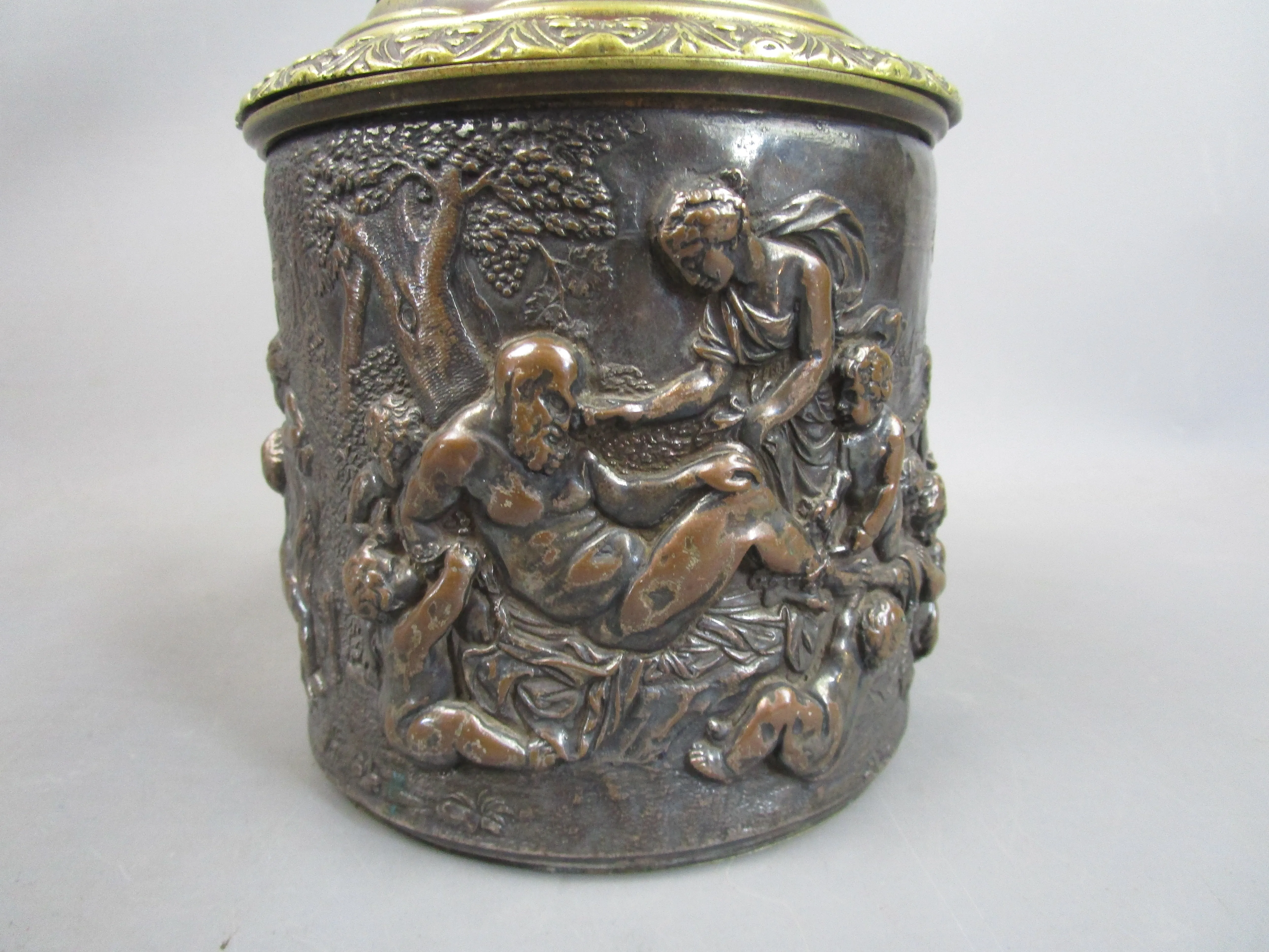 Copper & Brass Embossed Tobacco Jar With Mythical Scene Antique Victorian c1880