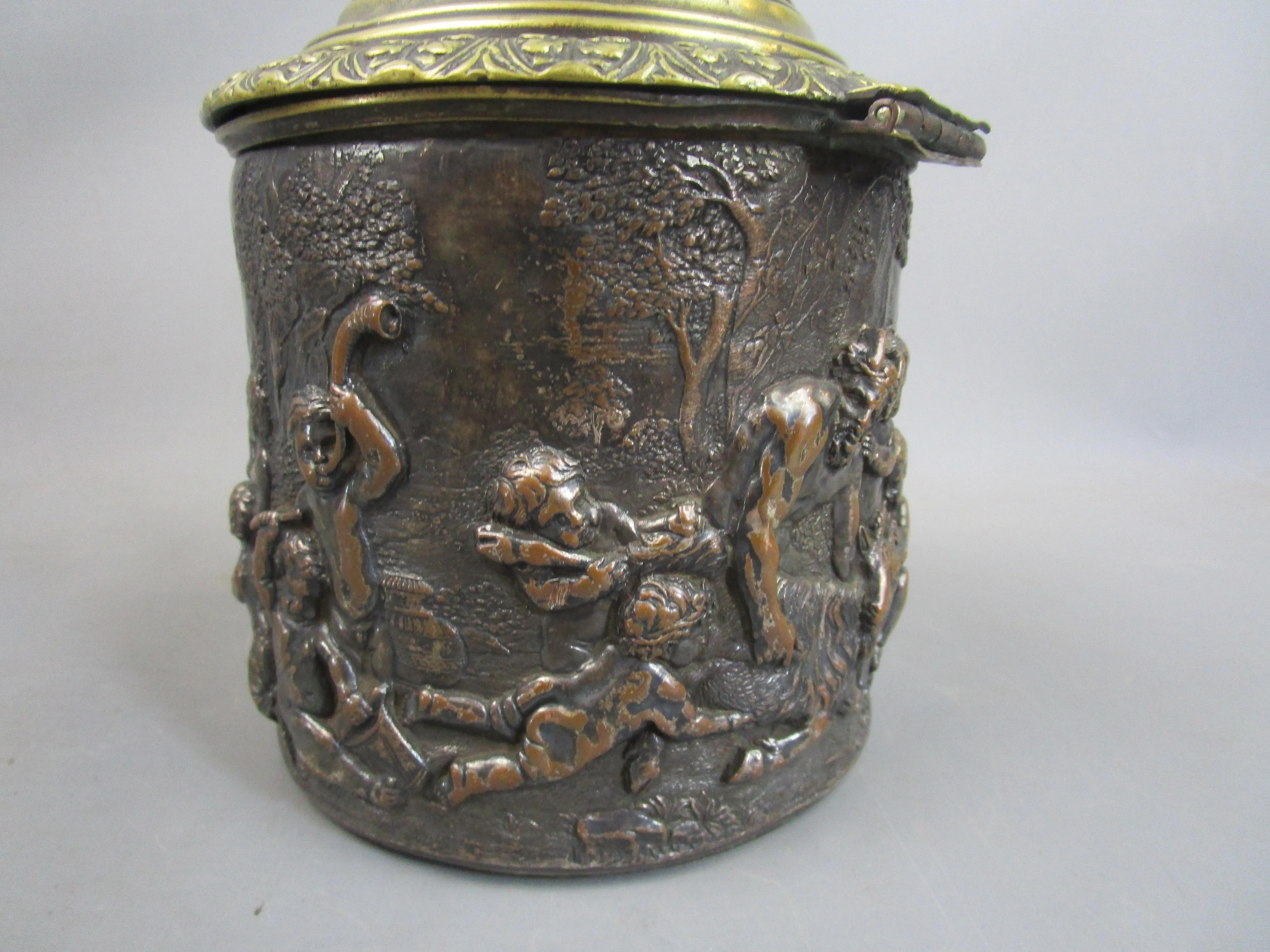 Copper & Brass Embossed Tobacco Jar With Mythical Scene Antique Victorian c1880