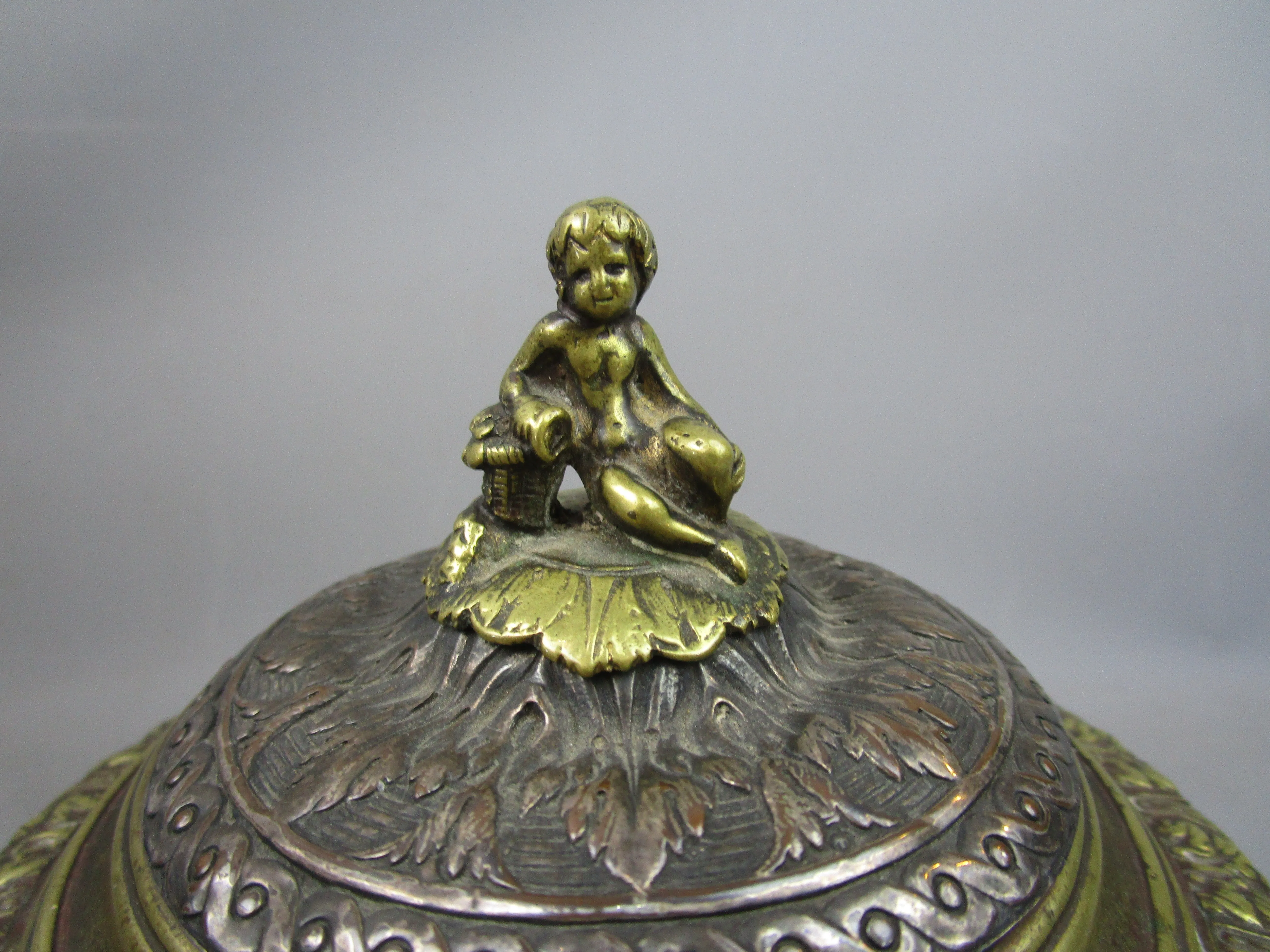 Copper & Brass Embossed Tobacco Jar With Mythical Scene Antique Victorian c1880