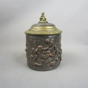 Copper & Brass Embossed Tobacco Jar With Mythical Scene Antique Victorian c1880