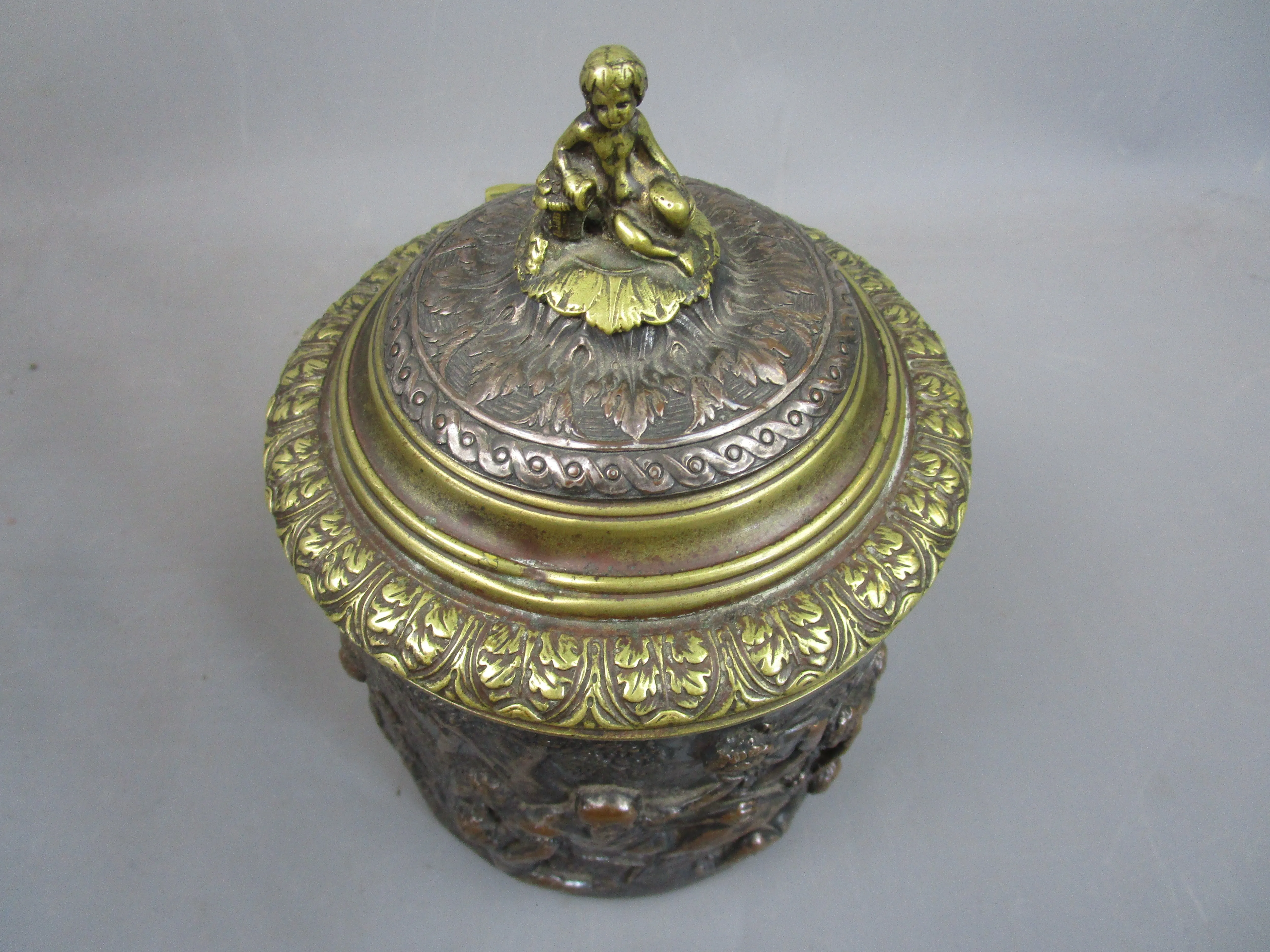 Copper & Brass Embossed Tobacco Jar With Mythical Scene Antique Victorian c1880