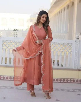 Dark Peach Russian Silk Flair Anarkali Suit Set