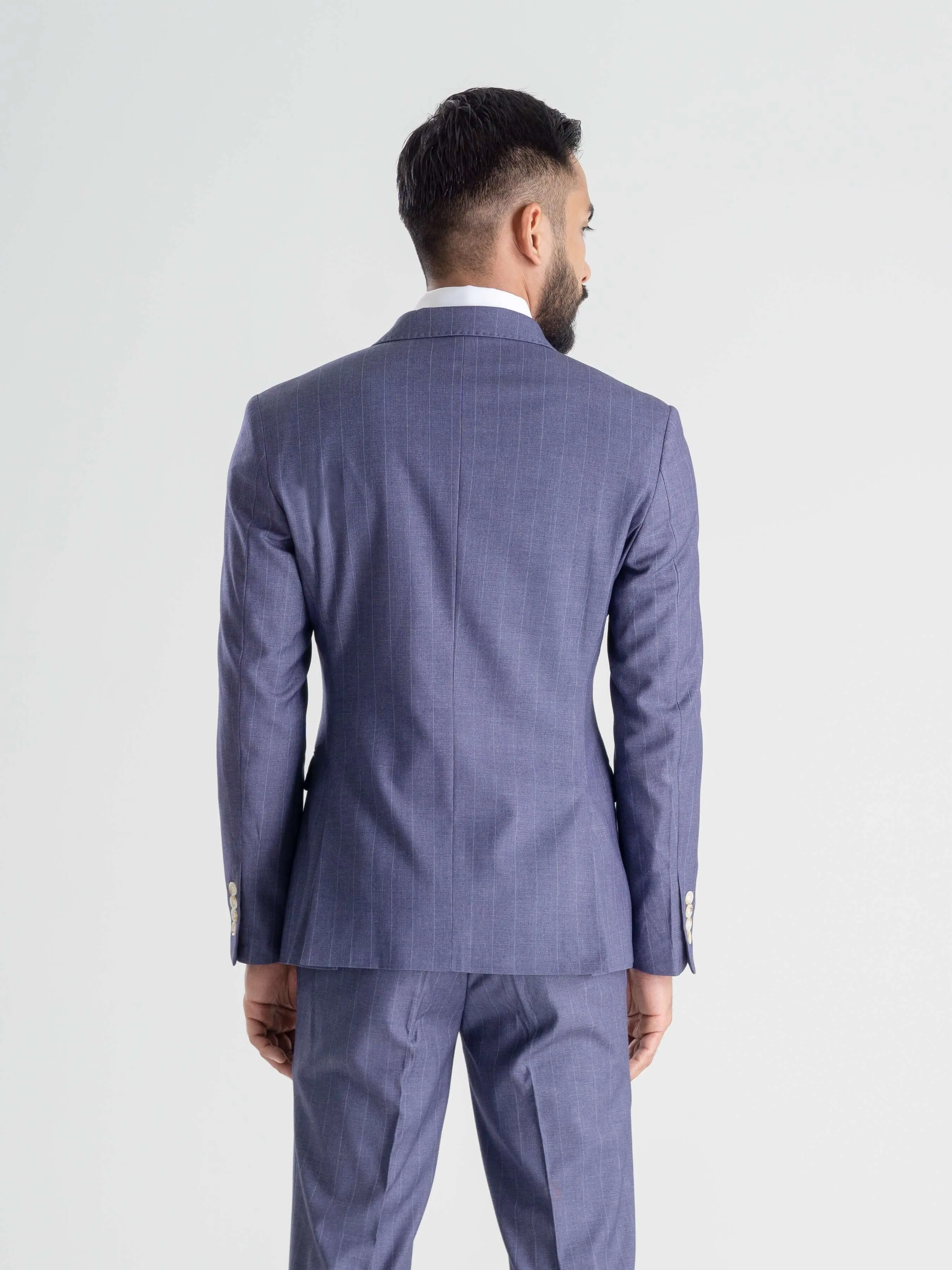 Double Breasted Suit Blazer - Iris Blue Stripes (Peak Lapel)