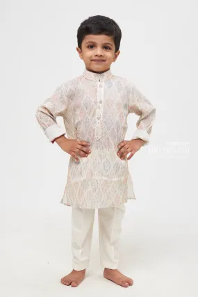 Elegant Luminance: Boys' Shimmering Diamond-Patterned Shirt with Classic White Trousers