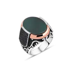 Ellipse Plain Green Agate Stone Silver Men's Ring Siding Zircons in Epaulet Shape