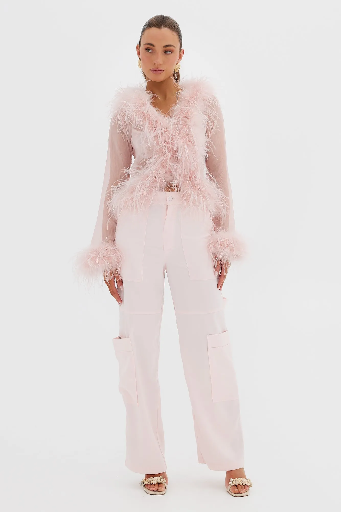 Gigi Sheer Feather Blouse - Blush