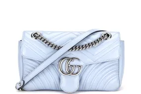 GUCCI GG MARMONT 443497 493075 MATELASSE SMALL BLUE LEATHER SILVER HARDWARE, WITH DUST COVER & BOX