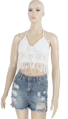 Halter Top - Crochet Tie Back - Fringe - White