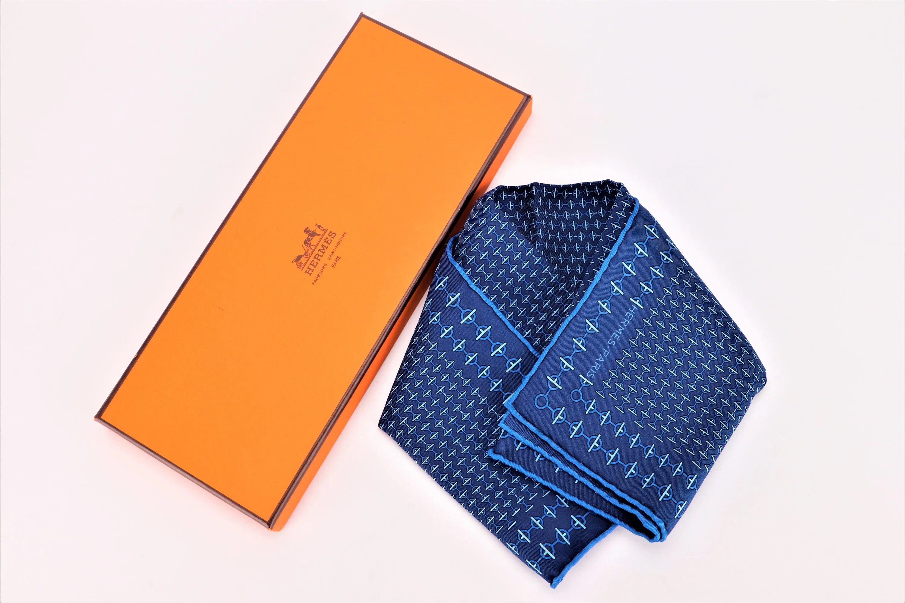 HERMES BLUE HANDKERCHIEF, SIZE 42CM x 42CM, WITH BOX