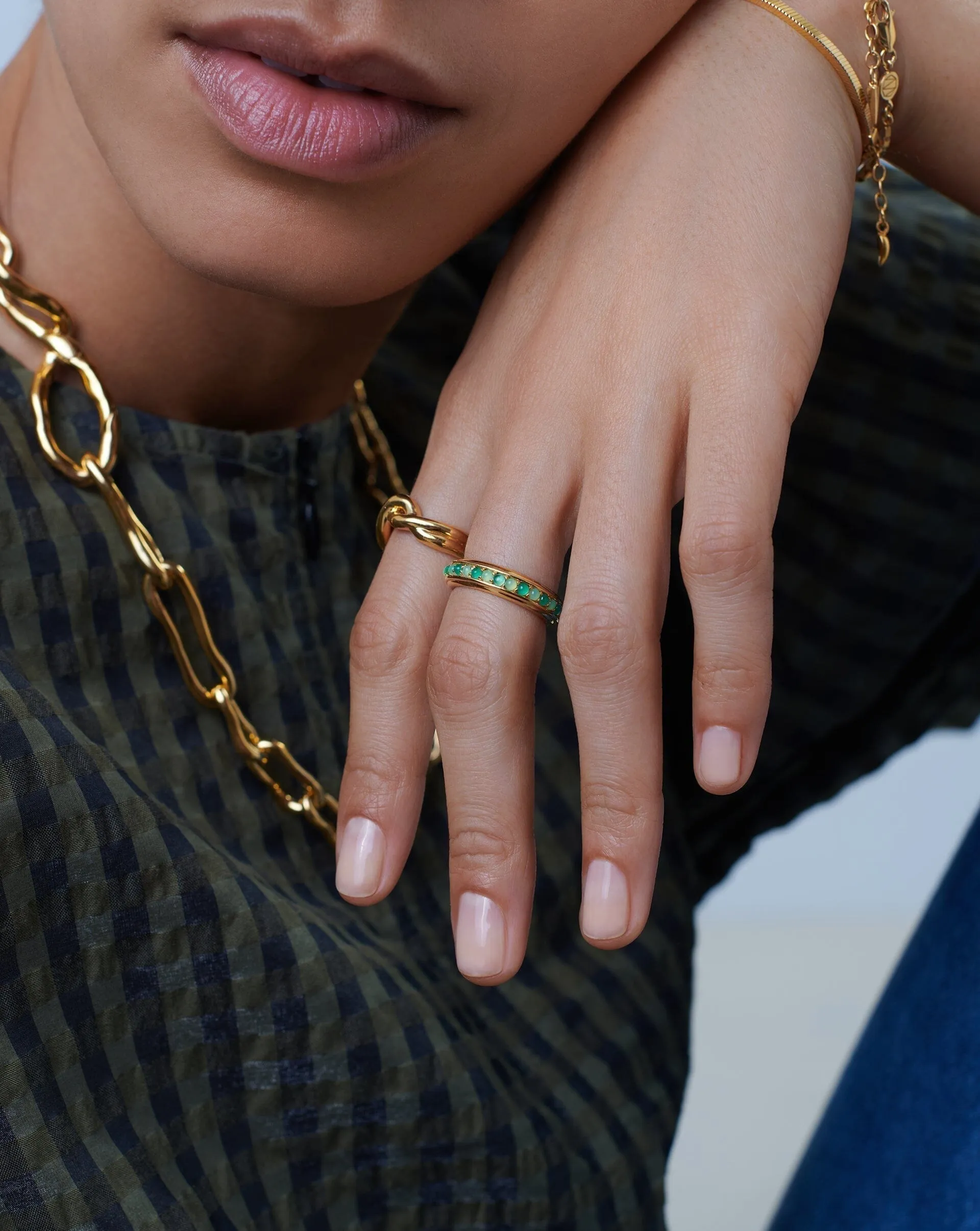 Hot Rox Gemstone Stacking Ring | 18ct Gold Plated Vermeil/Green Onyx & Chalcedony