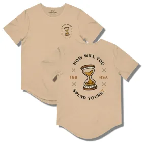 How Will You Spend Your 168? Curved Hem T Shirt - Sand Dune / Heather - Dark Gold