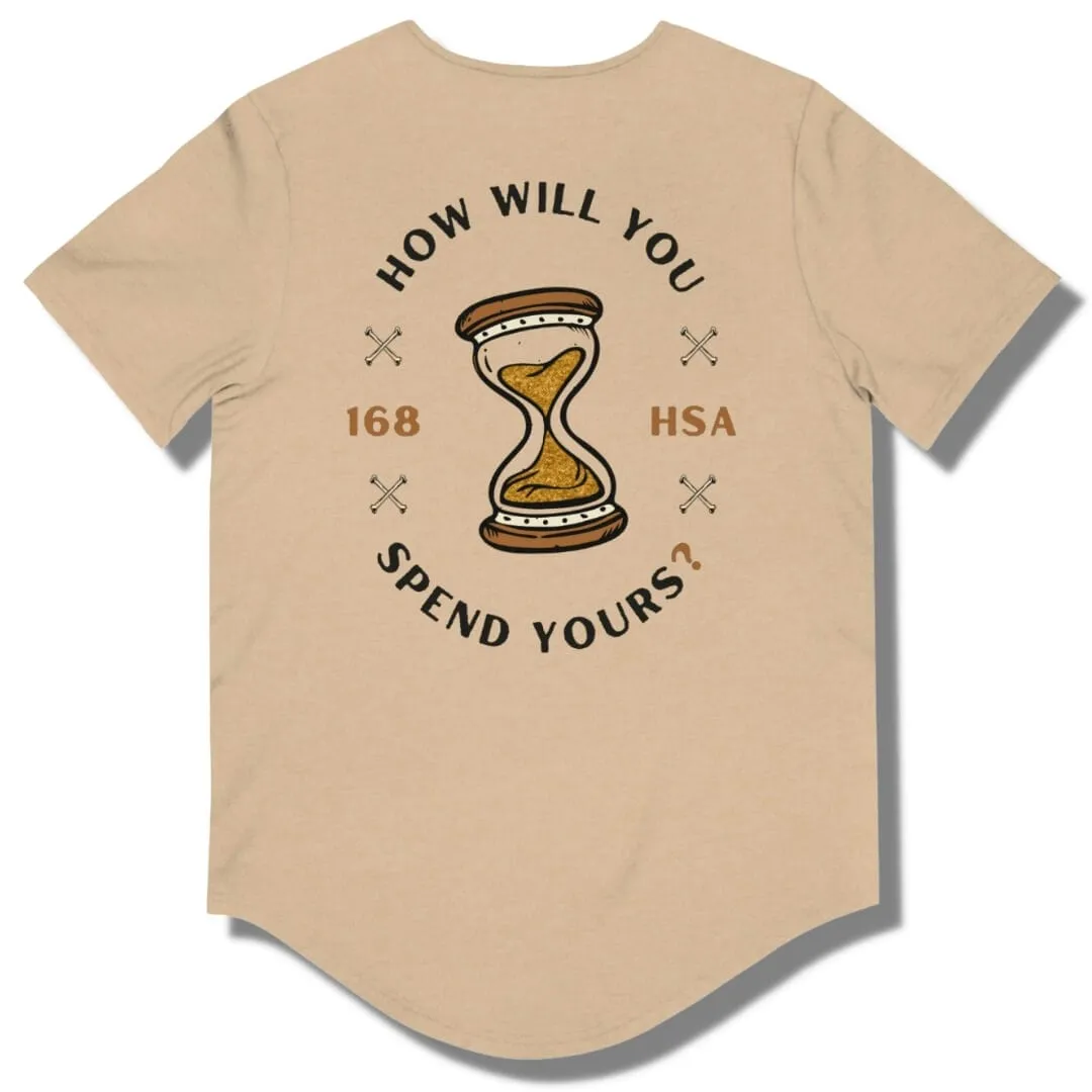 How Will You Spend Your 168? Curved Hem T Shirt - Sand Dune / Heather - Dark Gold