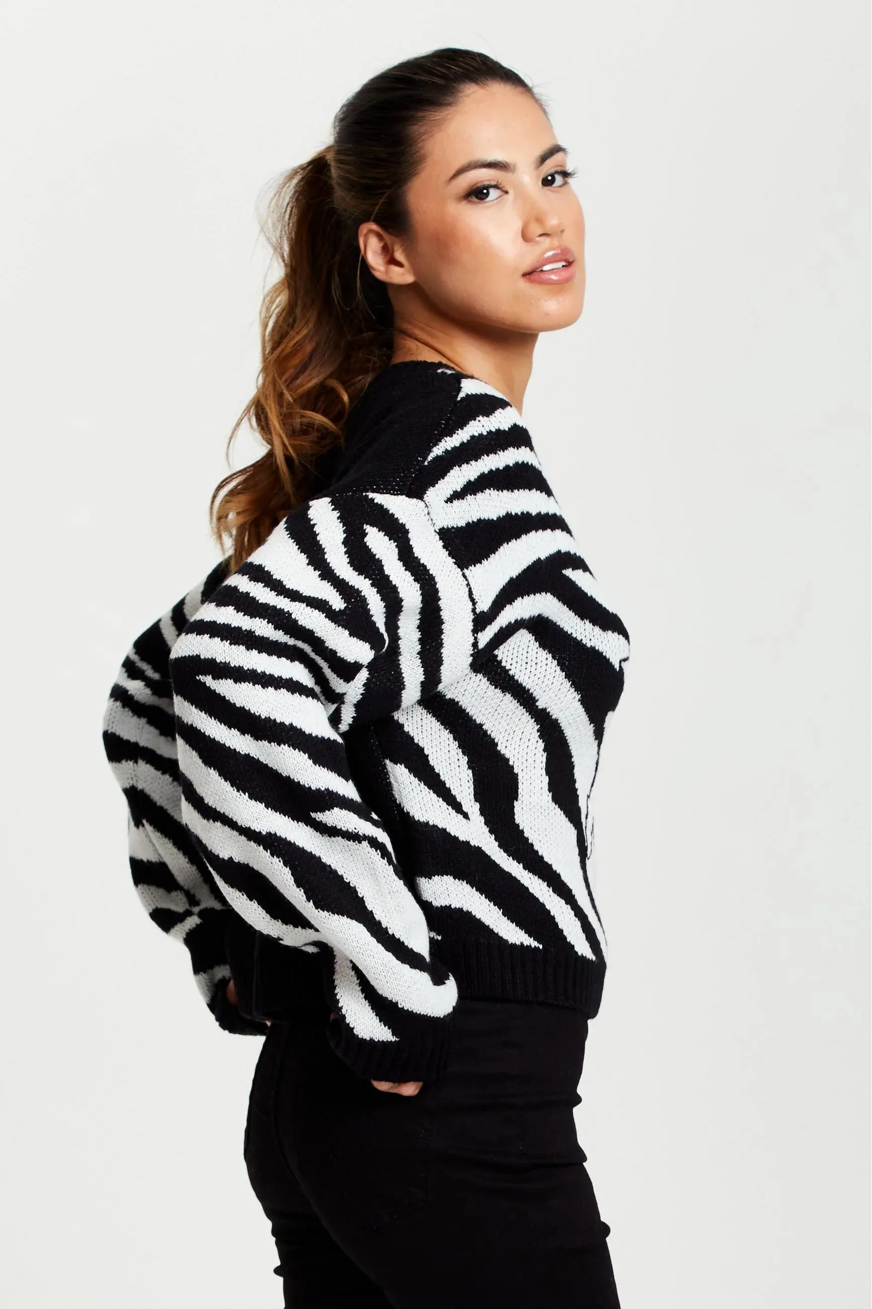 Liquorish Star Jumper In Black And White Zebra Pattern