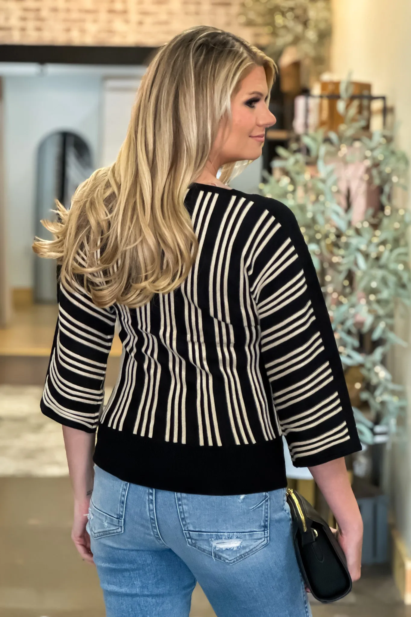 Liverpool Carla 3/4 Sleeve Striped Dolman Sweater : Black/Ecru