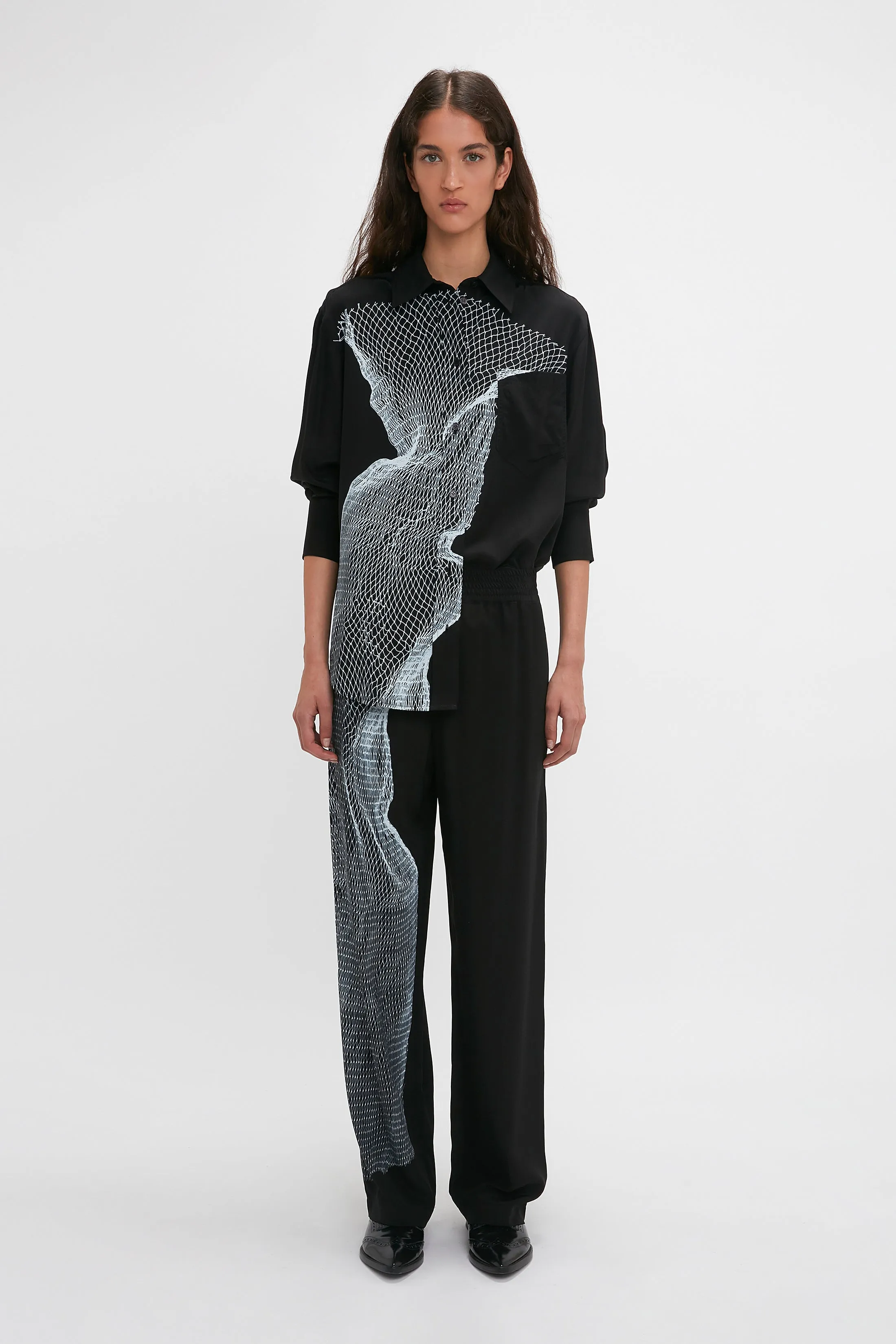 Long Sleeve Pyjama Shirt In Black-White Contorted Net