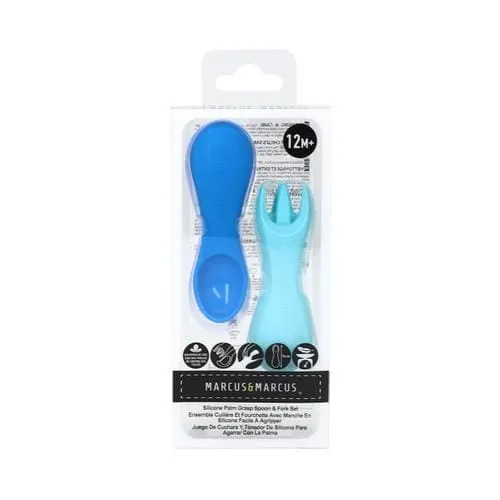 Marcus & Marcus Silicone Palm Grasp Spoon & Fork Set Blue & Baby Blue