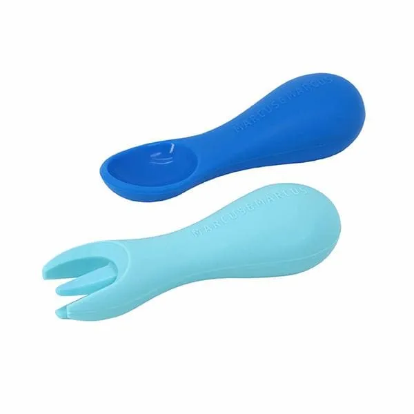 Marcus & Marcus Silicone Palm Grasp Spoon & Fork Set Blue & Baby Blue