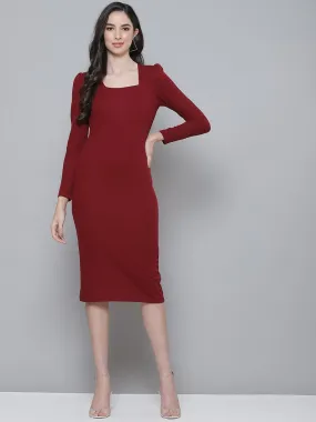 Maroon Rib Puff Sleeves Square Neck Bodycon Dress