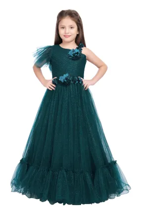 Peacock Blue Coloured Imported Net One Side Shoulder Pattern Gown For Girls