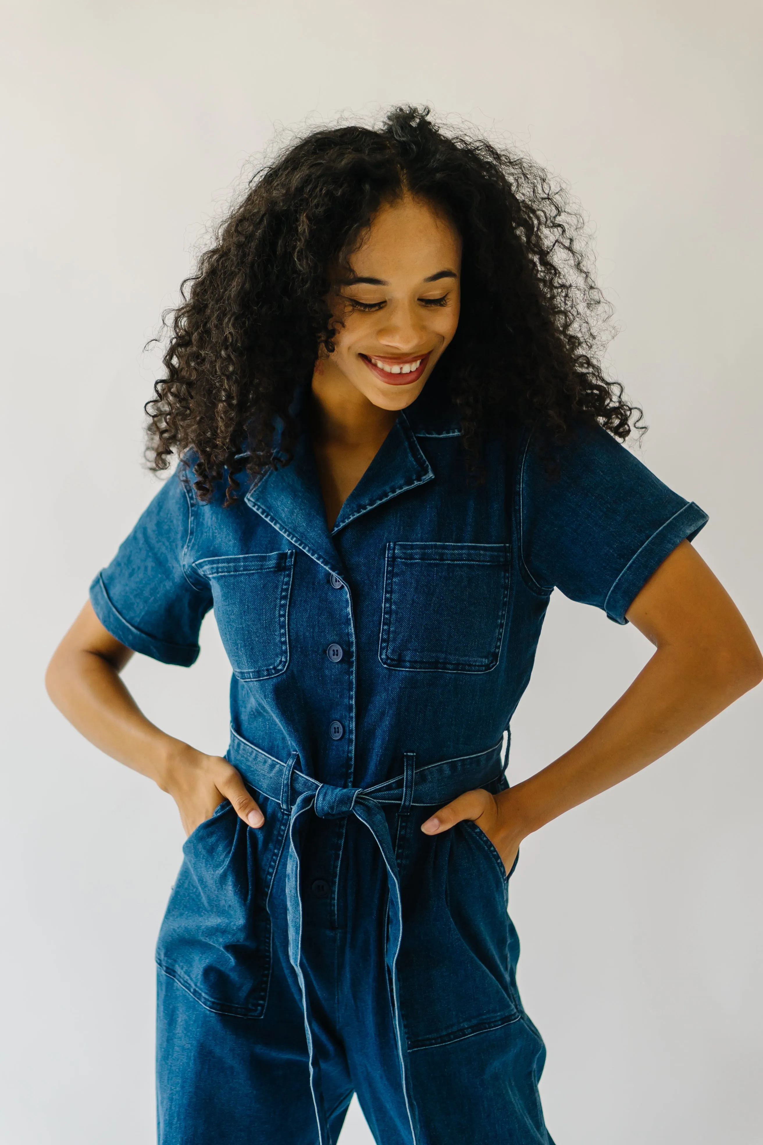 The Fleming Tie Denim Jumpsuit in Blue