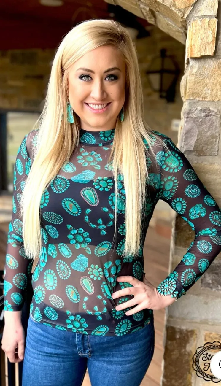 The Forever Turquoise Mesh Western Top