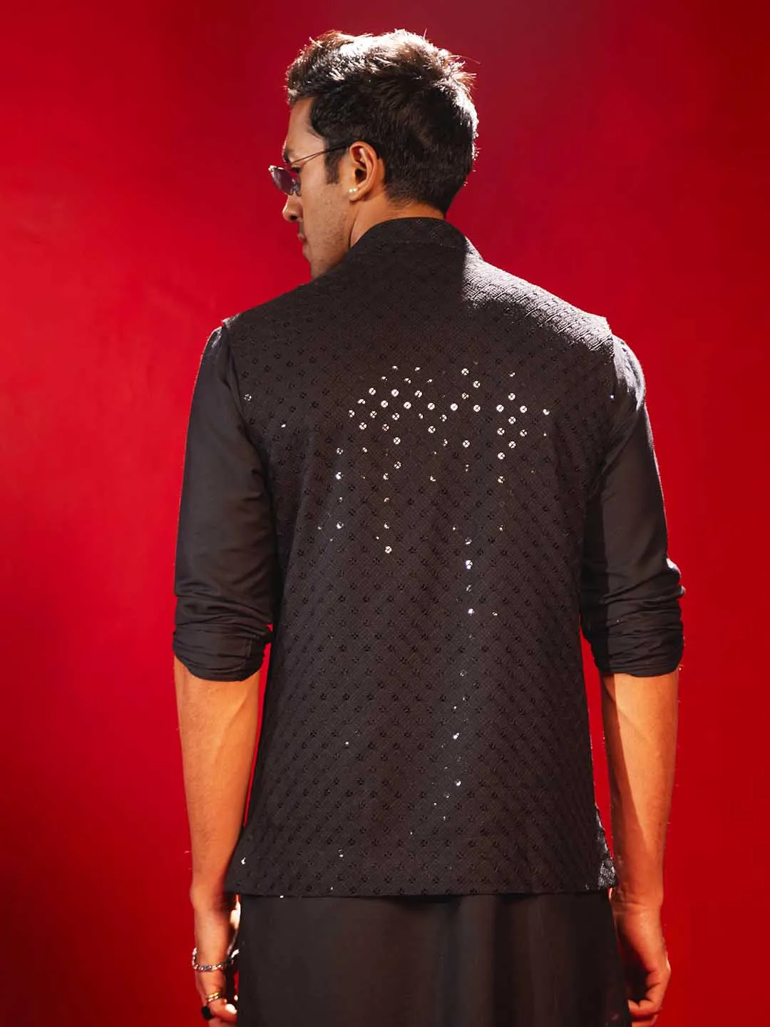 VASTRAMAY Black Rayon Sequined Nehru Jacket